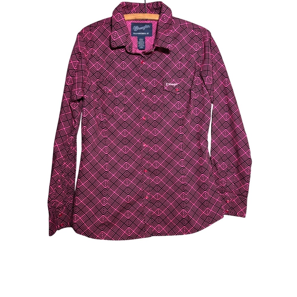 Wrangler Womens M Pink Black Geometric Western Snap Shirt Rodeo Cowgirl Festival